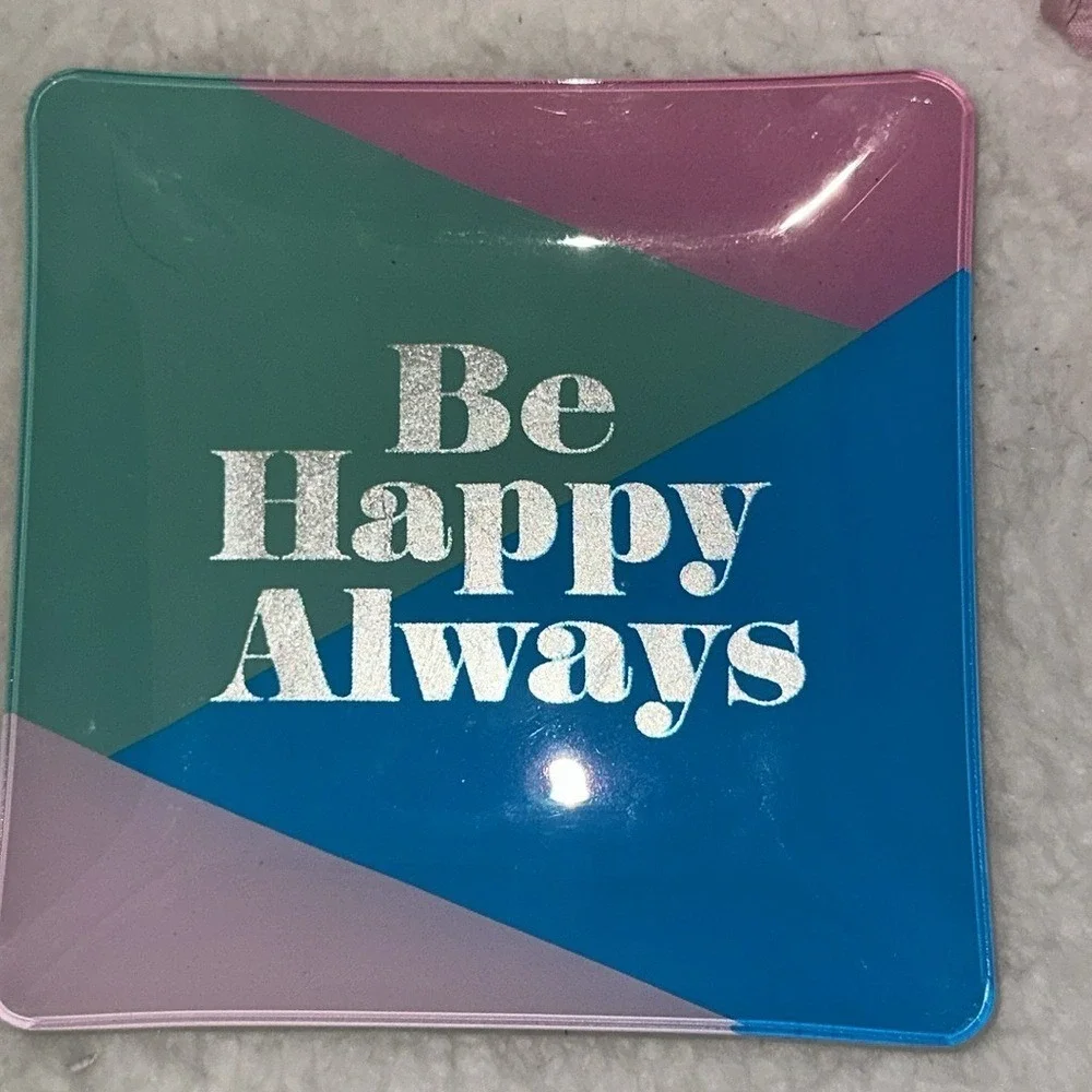 Fringe Studio Be Happy Always Glass Trinket Tray Color Block Silver Glitter Dish
